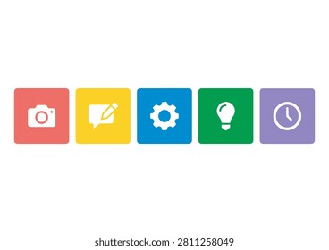This collection features five modern application, presented in a clean, flat-design style within colorful square includes essential functional symbols representing a camera, messaging, , and time. These versatile graphics are perfect for web and mobile app interfaces, dashboard designs, productivity tools, or any digital project requiring clear and professional navigation elements.

#UIIcons #AppDesign #VectorGraphics #FlatIcons #DigitalInterface #WebDesignElements #ModernSymbols #ProductivityIcons #AppUI #CreativeDesign