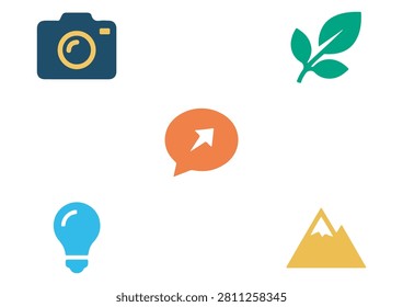 This collection features five modern lifestyle and functional icons, each designed in a clean, flat style. The set includes a camera, a green leaf, a chat bubble with an arrow, a lightbulb, and a mountain silhouette. These versatile graphics are perfect for mobile app interfaces, website navigation, digital content, productivity dashboards, presentation slides, or any creative project requiring simple, colorful, and recognizable symbols.

#LifestyleIcons #FunctionalSymbols #VectorGraphics #FlatDesign #MinimalistIcons #AppDesign #CreativeAssets #DigitalDesign #ModernSymbols #CommunicationIcons