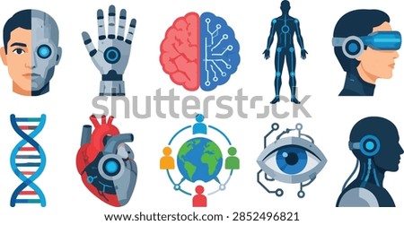 This collection features flat icons representing advanced artificial intelligence and cybernetic evolution. Various elements include bionic human anatomy, robotic limbs, digital brains, and futuristic sensory technology. Vibrant blue and red color schemes highlight the modern innovative theme. These detailed symbols illustrate current technological progress within computing and medical science sectors.