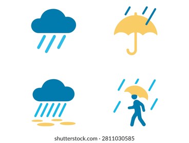 This collection features four clean and modern weather-themed icons, each rendered in a vibrant, flat design style. The set includes a blue cloud with falling raindrops, a yellow umbrella sheltering from the rain, a blue cloud raining onto yellow puddles, and a blue figure walking under a yellow umbrella. These versatile graphics are perfect for weather forecasting apps, websites, educational materials, or any creative project requiring simple and recognizable symbols related to rainy weather and climate conditions.

#WeatherIcons #RainyDay #MeteorologyDesign #VectorGraphics #FlatDesign #WeatherForecast #UmbrellaIcon #RainyWeather #MinimalistDesign #CreativeAssets