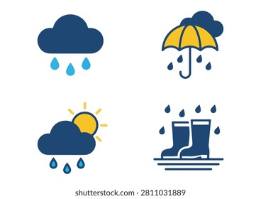 This collection features four clean and modern weather-themed icons, each rendered in a vibrant, flat design style. The set includes a dark blue cloud with raindrops, a yellow umbrella under a cloud, a sun partially covered by a rainy cloud, and a pair of blue rain boots. These versatile graphics are perfect for weather forecasting apps, websites, educational materials, or any creative project requiring simple and recognizable symbols related to rainy weather and climate conditions.

#WeatherIcons #RainyDay #MeteorologyDesign #VectorGraphics #FlatDesign #WeatherForecast #UmbrellaIcon #RainBoots #MinimalistDesign #CreativeAssets