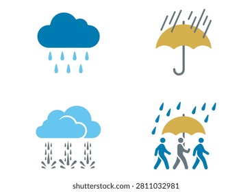 This collection features four clean and modern weather-themed icons, each rendered in a vibrant, flat design style. The set includes a dark blue cloud with raindrops, a yellow umbrella sheltering from the rain, a light blue cloud representing heavy downpour, and a group of people walking under an umbrella. These versatile graphics are perfect for weather forecasting apps, websites, educational materials, or any creative project requiring simple and recognizable symbols related to rainy weather and climate conditions.

#WeatherIcons #RainyDay #MeteorologyDesign #VectorGraphics #FlatDesign #WeatherForecast #UmbrellaIcon #HeavyRain #PeopleWalking #CreativeAssets