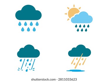 This collection features four clean and modern weather-themed icons, each rendered in a vibrant, flat design style. The set includes a dark blue cloud with falling raindrops, a sun partially covered by a rainy cloud, a cloud with heavy rain showers, and a stormy cloud raining into a puddle. These versatile graphics are perfect for weather forecasting apps, websites, educational materials, or any creative project requiring simple and recognizable symbols related to rainy weather and climate conditions.

#WeatherIcons #RainyDay #MeteorologyDesign #VectorGraphics #FlatDesign #WeatherForecast #StormIcons #RainyWeather #MinimalistDesign #CreativeAssets