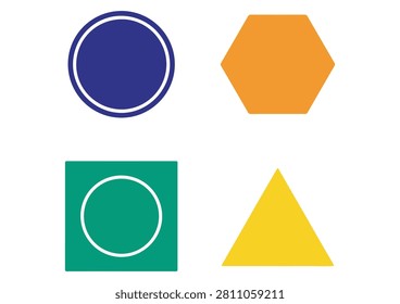 This collection features four clean and modern geometric shape icons, each rendered in a minimalist, flat style. The set includes a dark blue circle, an orange hexagon, a green square containing a circle, and a yellow triangle. These versatile graphics are perfect for  design, web layout elements, or any creative project requiring simple and recognizable geometric symbols.

#GeometricIcons #VectorDesign #UIDesign #MinimalShapes #GraphicElements #ColorfulSymbols #FlatDesign #WebDesignAssets #CreativeShapes #IconCollection