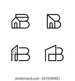 Esta colección presenta cuatro diseños de logotipos de líneas de arte moderno distintos, cada uno integrando inteligentemente la letra B con varios Elementos de edificios arquitectónicos y de casas en un estilo minimalista y geométrico