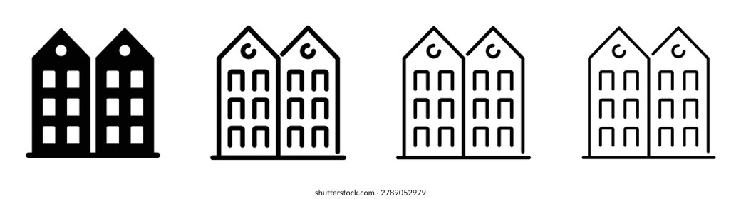 This collection features four distinct graphic representations of traditional Dutch canal houses, varying in style from solid silhouette to outline