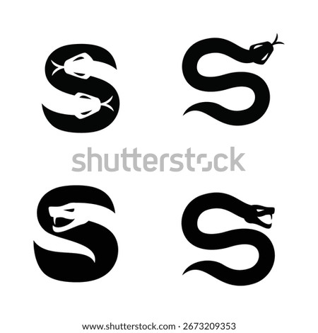 This collection features four distinctive black and white logo designs, each cleverly integrating a stylized snake into the shape of the letter S.