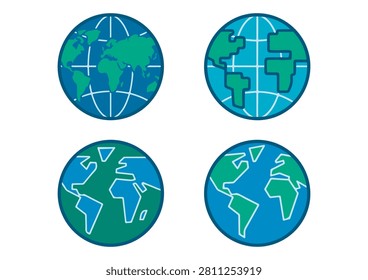 This collection features four globe and world map icons, each designed in a clean, flat, and modern style. The set includes different interpretations of global maps with various continent layouts and grid lines, rendered in shades of blue and green. These versatile graphics are perfect for travel websites, international business presentations, geography educational materials, or any creative project requiring recognizable symbols of our planet.

#GlobeIcons #WorldMapGraphics #GlobalIcons #VectorSet #GeographyDesign #EarthSymbols #FlatDesignElements #InternationalBusiness #TravelIcons #MinimalistGraphics