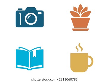 This collection features four lifestyle and leisure icons, each designed in a clean, flat style. The set includes a camera, a potted plant, an open book, and a steaming coffee mug. These versatile graphics are perfect for enhancing lifestyle blogs, creative portfolios, productivity apps, or any project focused on hobbies, relaxation, and daily activities.

#HobbyIcons #LeisureGraphics #VectorSet #CreativeDesign #CameraIcon #PottedPlant #BookIcon #CoffeeMug #FlatDesignElements #LifestyleAssets