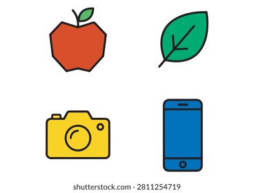 This collection features four lifestyle and technology icons, each designed in a clean, flat style with bold outlines. The set includes a stylized apple, a green leaf, a yellow camera, and a blue smartphone. These versatile graphics are perfect for mobile app interfaces, website navigation, digital content, productivity dashboards, or any creative project requiring simple, colorful, and recognizable functional symbols.

#LifestyleIcons #TechSymbols #VectorGraphics #FlatDesign #MinimalistIcons #AppDesign #CreativeAssets #DigitalDesign #ModernSymbols #CommunicationIcons