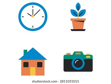 This collection features four versatile lifestyle and hobby icons, each designed in a clean, flat style. The set includes a blue clock for time management, a potted plant, a house icon, and a camera. These graphics are perfect for enhancing lifestyle apps, personal blogs, interior design projects, photography portfolios, or any content focused on daily activities, home, and creativity.

#LifestyleIcons #HobbyGraphics #VectorSet #TimeManagement #HomeIcon #PhotographyGear #FlatDesign #CreativeAssets #MinimalistIcons #IconCollection