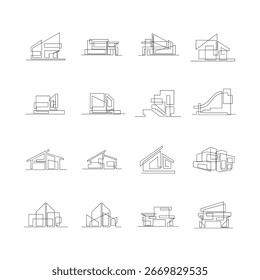 Diese Kollektion enthält minimalistische einzeilige Kunstillustrationen, die verschiedene zeitgenössische Architekturkonzepte zeigen, darunter abstrakte Haus- und Gebäudeentwürfe.