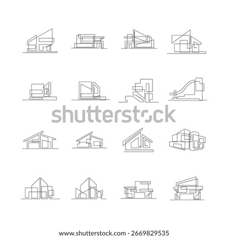 This collection features minimalist one-line art illustrations showcasing various contemporary architectural concepts, including abstract house and building designs.