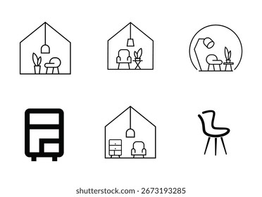 This collection features modern, clean line art icons depicting various home interior elements and furniture pieces within house outlines or circular frames.