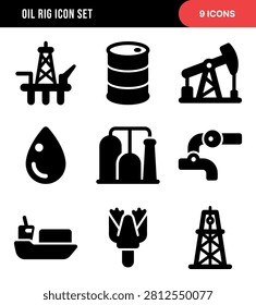 This collection features nine distinct, black, stylized icons crucial to the oil and gas industry, including drilling rigs, oil barrels, and tankers.