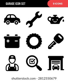This collection features nine distinct black icons depicting various elements related to automotive services, including a car, wrench, oil can, battery, gear, car key, mechanic, magnifying glass with checkmark, and a garage.
