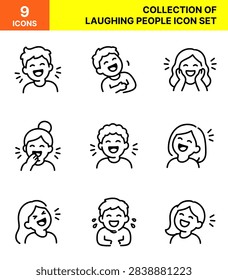 This collection features nine distinct linear symbols depicting various human characters displaying expressions of happiness and amusement. Each figure shows a unique pose capturing genuine glee or humor through clean strokes. These minimalist drawings are arranged against a plain background, providing clear visual communication of positive emotional states for creative projects.