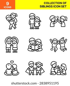This collection features nine distinct linear characters depicting young brothers and sisters interacting in various playful scenes. Each figure displays clear outlines on a neutral background, highlighting themes of friendship, joy, education, and shared activities. These artistic signs utilize simple strokes to convey emotional bonds, cooperative movement, and childhood development concepts.