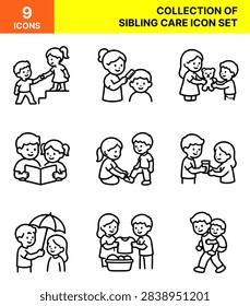 This collection features nine distinct linear drawings showing various interactions between young siblings engaged in helpful activities. Each square panel displays a different scenario including reading together, sharing toys, brushing hair, and offering support. The clean artistic style uses bold outlines on a plain surface to convey themes of family connection, kindness, and childhood cooperation.