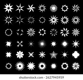This collection features numerous star and flower shapes in white against a solid black background. Ideal for graphic design, art projects, and digital patterns.