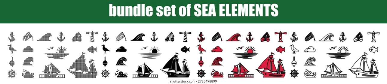 Esta colección cuenta con numerosos íconos estilizados relacionados con el mar y la navegación. Se incluyen varios barcos anclas faros olas peces gaviotas nubes una boya, una red de pesca y una rueda de barco apta para temas marítimos