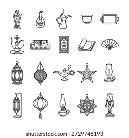 Esta colección presenta iconos de contorno de Elementos culturales tradicionales árabes y ramadán, incluyendo linternas, cafeteras, alfombras e instrumentos musicales