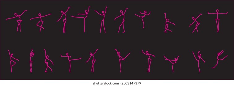 This collection features pink neon line drawings of ballet dancers as matchstick figures, depicted in a range of elegant and fluid poses. The vibrant neon lines capture the beauty and motion of ballet