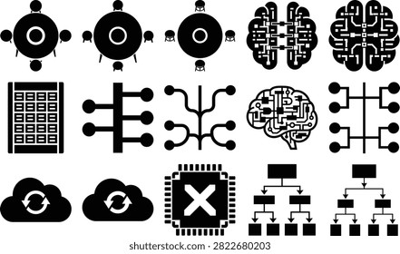 This collection features representations of artificial intelligence concepts and data structures rendered as dark shapes. Notable elements include neural networks data flow diagrams and hierarchical structures.