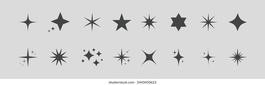 This collection features retro sparkle icons, including star shapes with an abstract cool shine effect. The vector design can be used for various design projects  in business.