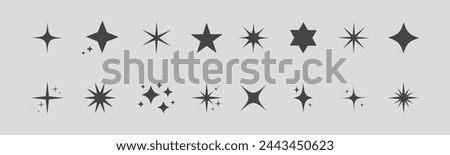 This collection features retro sparkle icons, including star shapes with an abstract cool shine effect. The vector design can be used for various design projects  in business.