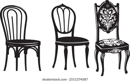 This collection features a series of elegant chair silhouettes presented in vector format, set against a pristine white background. Each chair design is rendered with minimalistic precision, offering 