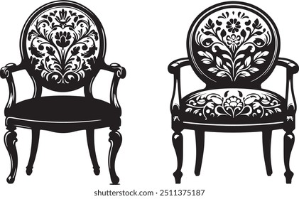 This collection features a series of elegant chair silhouettes presented in vector format, set against a pristine white background. Each chair design is rendered with minimalistic precision, offering 