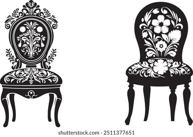 This collection features a series of elegant chair silhouettes presented in vector format, set against a pristine white background. Each chair design is rendered with minimalistic precision, offering 