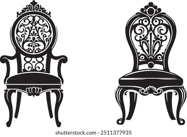 This collection features a series of elegant chair silhouettes presented in vector format, set against a pristine white background. Each chair design is rendered with minimalistic precision, offering 