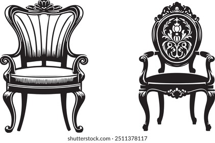 This collection features a series of elegant chair silhouettes presented in vector format, set against a pristine white background. Each chair design is rendered with minimalistic precision, offering 