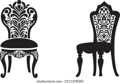 This collection features a series of elegant chair silhouettes presented in vector format, set against a pristine white background. Each chair design is rendered with minimalistic precision, offering 