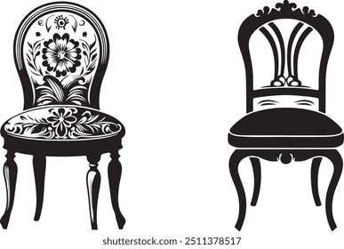 This collection features a series of elegant chair silhouettes presented in vector format, set against a pristine white background. Each chair design is rendered with minimalistic precision, offering 