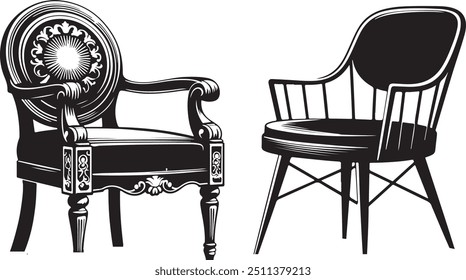 This collection features a series of elegant chair silhouettes presented in vector format, set against a pristine white background. Each chair design is rendered with minimalistic precision, offering 