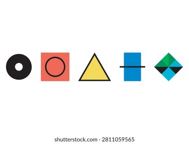 This collection features a series of five distinct geometric shape icons, each rendered in a minimalist, flat design. The set includes a black circle with a hole, an orange square with a circle, a yellow triangle, a blue rectangle with a horizontal slice, and a green and black rhombus design. These versatile graphics are perfect for  design, web layout elements, or any creative project that requires simple, bold, and modern geometric symbols.

#GeometricIcons #VectorDesign #UIDesign #MinimalShapes #GraphicElements #ColorfulSymbols #FlatDesign #WebDesignAssets #CreativeShapes #IconCollection