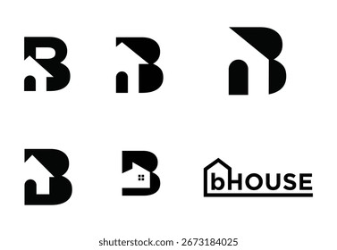 Esta colección presenta una serie de conceptos modernos y minimalistas de diseño de logotipos que combinan creativamente la letra "B" con los símbolos de la casa o la flecha hacia arriba. Los gráficos en blanco y negro limpios y geométricos 
