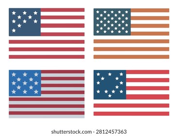 This collection features a set of American flag variations, including historical designs and stylized versions with different star patterns and color schemes. These clean, flat-style vector graphics are perfect for educational materials, historical presentations, patriotic-themed projects, branding, or any creative work that requires symbolic and recognizable American flag elements to add context and structure to your designs.

#AmericanFlag #USAFlag #FlagVariations #PatrioticDesign #VectorSet #HistoricalFlags #GraphicCollection #DesignElements #NationalSymbols #CreativeAssets