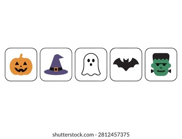 This collection features a set of festive Halloween icons set within rounded square backgrounds, including a jack-o'-lantern, a witch's hat, a ghost, a bat, and a monster face. These clean, flat-style vector graphics are perfect for enhancing Halloween-themed projects, party invitations, social media graphics, holiday marketing materials, or any creative work that requires fun and recognizable seasonal elements to add a spooky yet charming touch to your designs.

#HalloweenIcons #FestiveGraphics #VectorSet #HalloweenDesign #HolidayElements #PumpkinGraphic #WitchHat #GhostIcon #BatGraphic #MonsterIcon