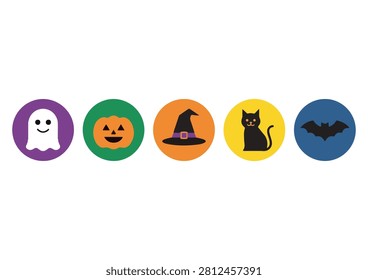 This collection features a set of festive Halloween icons set within circular backgrounds, including a ghost, jack-o'-lantern, witch's hat, black cat, and bat. These clean, flat-style vector graphics are perfect for enhancing Halloween-themed projects, party invitations, social media graphics, holiday marketing materials, or any creative work that requires fun and recognizable seasonal elements to add a spooky yet charming touch to your designs.

#HalloweenIcons #FestiveGraphics #VectorSet #HalloweenDesign #HolidayElements #GhostIcon #PumpkinGraphic #WitchHat #BlackCatIcon #BatGraphic