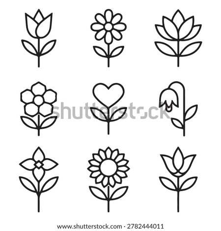 This collection features a set of nine simple and clean black line art flower icons. Each icon represents a different type of botanical shape or plant design, crafted with minimalist lines. These icons are perfect for use in graphic design projects, web interfaces, mobile applications, social media content, and print materials where a simple, modern, and stylized floral aesthetic is required. The designs are easy to scale and adapt for various creative uses.