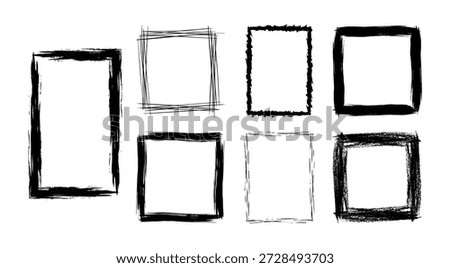 This collection features seven unique hand drawn black ink frames in square and rectangular shapes. Each border displays a distinct artistic style ranging from sketchy charcoal lines to heavy distressed brush strokes. These elements are perfect for adding a vintage or rustic feel to photographs, invitations, and digital art projects.