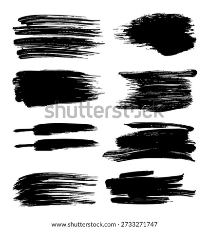 This collection features several black strokes designed for vector art. The strokes vary in width and texture, providing diverse options for graphic designs. Each stroke has its own unique character, making them suitable for backgrounds, elements, or accents in a range of creative projects. The arrangement allows for easy viewing of the different styles available for use in artwork or design work