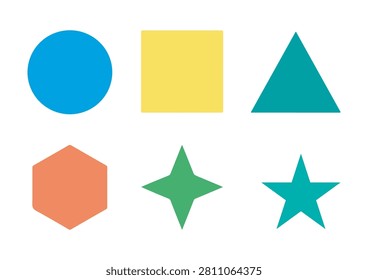 This collection features six basic geometric shape icons, each rendered in a clean, vibrant, and flat design style. The set includes a circle, a square, a triangle, a hexagon, a four-pointed sparkle, and a star. These versatile graphics are perfect for design, educational materials, web layout elements, or any creative project requiring simple and recognizable geometric symbols.

#GeometricIcons #VectorDesign #UIDesign #MinimalShapes #GraphicElements #ColorfulSymbols #FlatDesign #WebDesignAssets #CreativeShapes #IconCollection