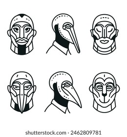 This collection features six black and white illustrations of stylized faces or masks. The set includes a variety of designs, from human faces to bird and animal masks.