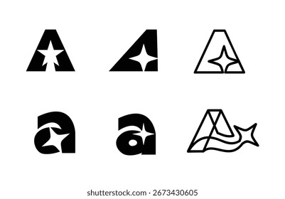 Esta colección presenta seis diseños de logotipos distintos y modernos, cada uno integrando inteligentemente la letra 'A' o la 'a' minúscula con una estrella o un elemento brillante en un elegante estilo minimalista en blanco y negro. 