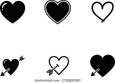 Esta colección presenta seis íconos de corazón distintos, presentados en un estilo limpio y gráfico sobre un fondo blanco.